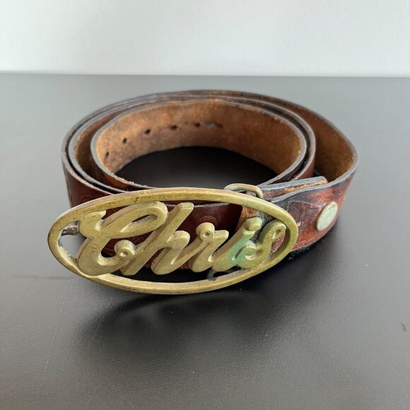 vintage 70s belt brown tooled leather U.S. ARMY cold steel brass CHRIS buckle XL - Picture 2 of 15